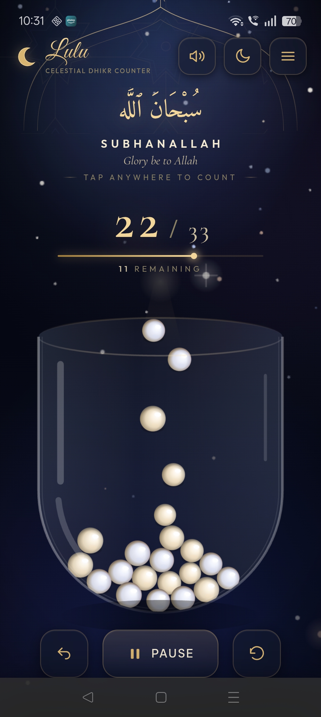 Lulu app — the celestial tasbih counter, counting Subhanallah